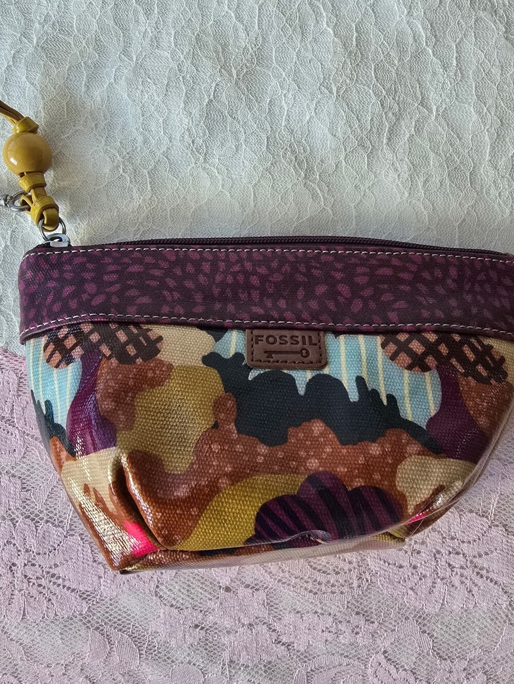 Fossil Multicolor Canvas Wristlet with Maroon Trim